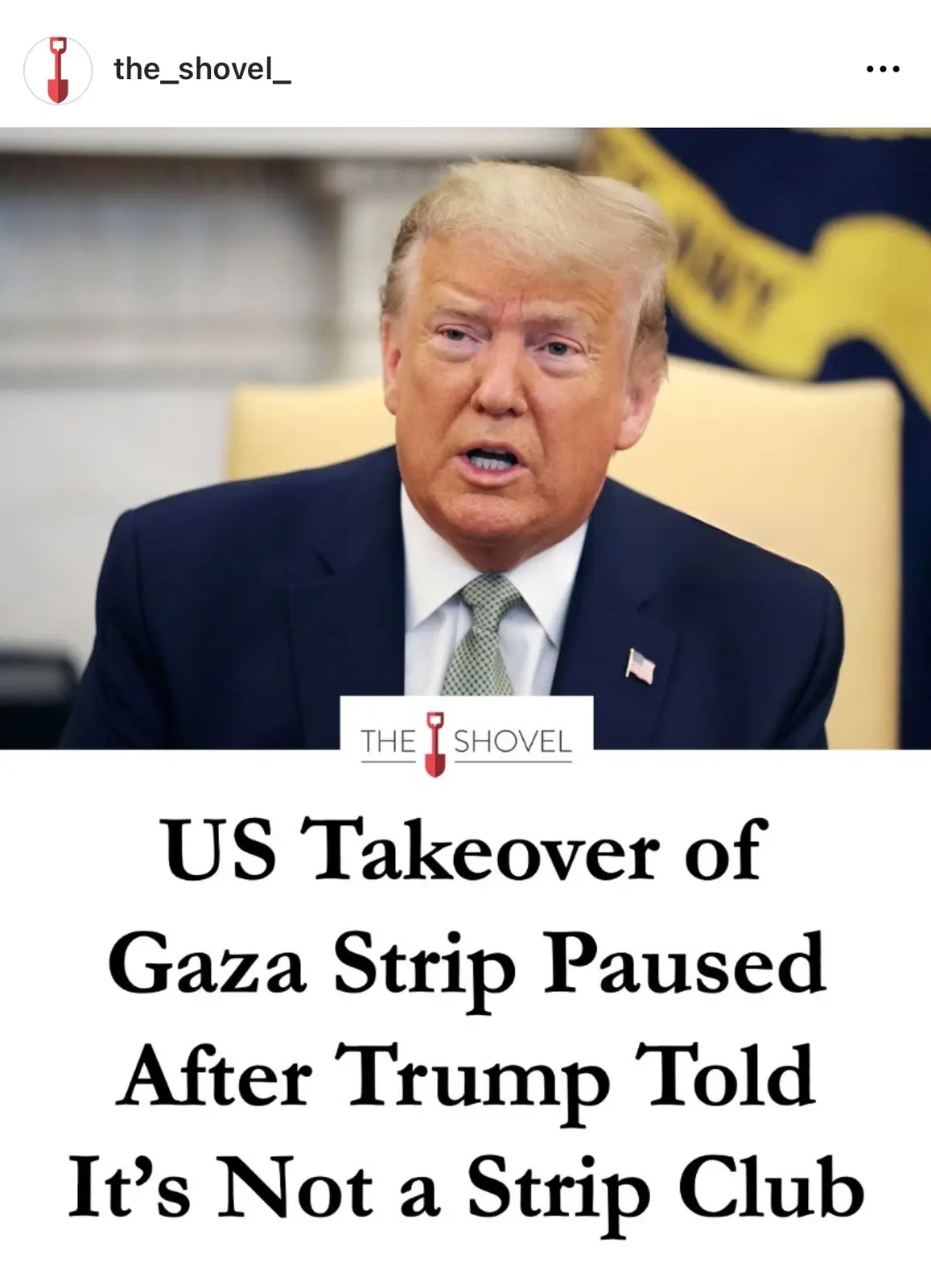 A photo of Donald Trump speaking, overlaid with bold text stating 'US Takeover of Gaza Strip Paused After Trump Told It's…