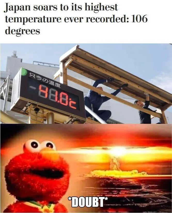 The image is a two-panel meme. The top panel shows two men installing a wooden structure over a digital thermometer…