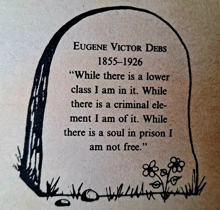 A hand-drawn gravestone illustration on textured paper, featuring the name Eugene Victor Debs and his lifespan (1855-1926)…