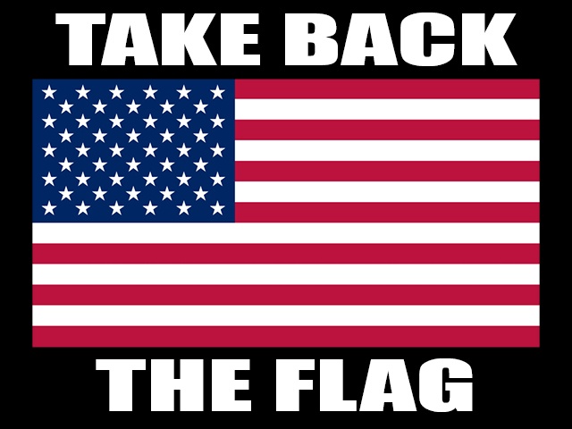 The image displays a standard American flag centered on a black background, with the bold white text 'TAKE BACK' positioned…