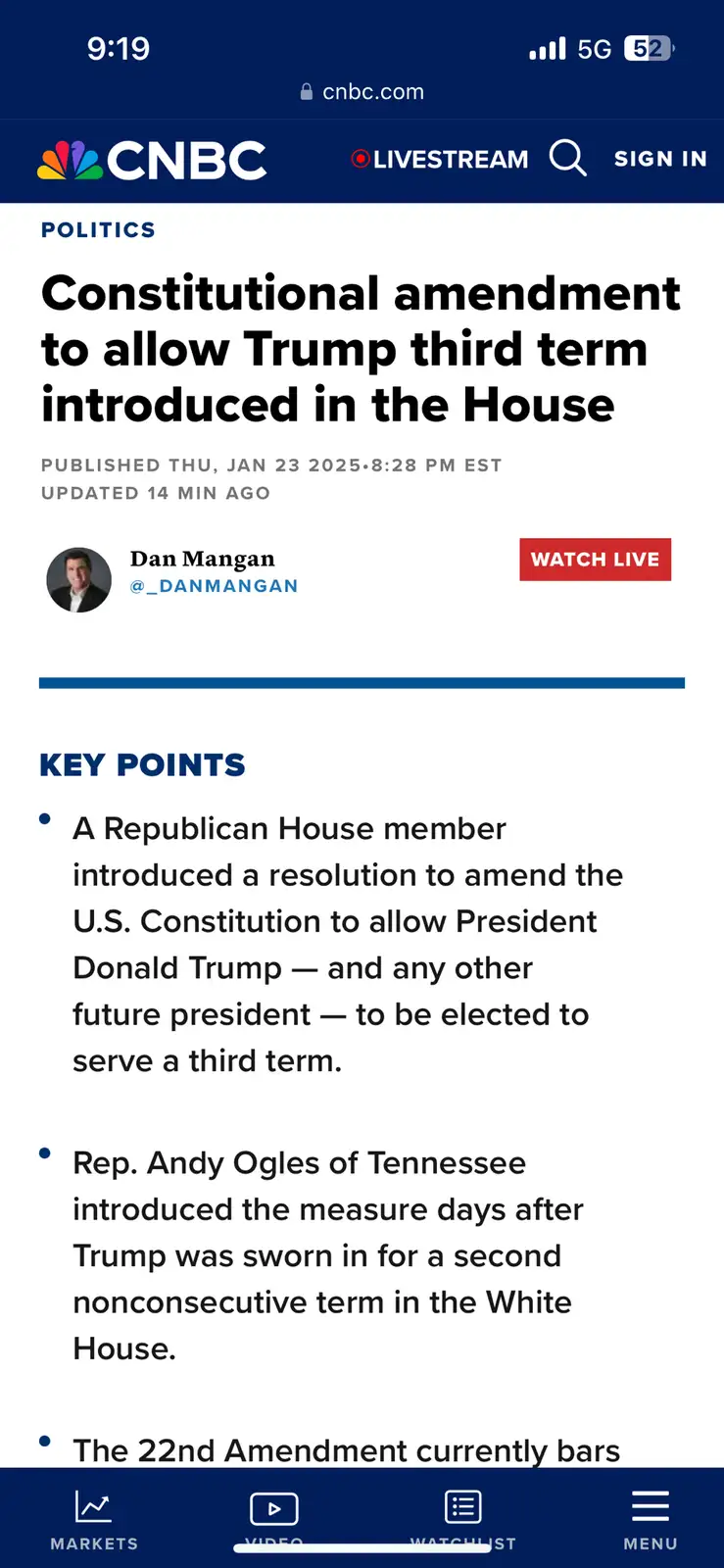 A screenshot of a CNBC news article from January 23, 2025, with the headline 'Constitutional amendment to allow Trump third…