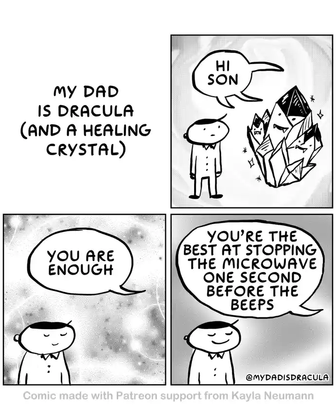 A four-panel comic titled 'MY DAD IS DRACULA (AND A HEALING CRYSTAL)' shows a son interacting with his dad, who is depicted…