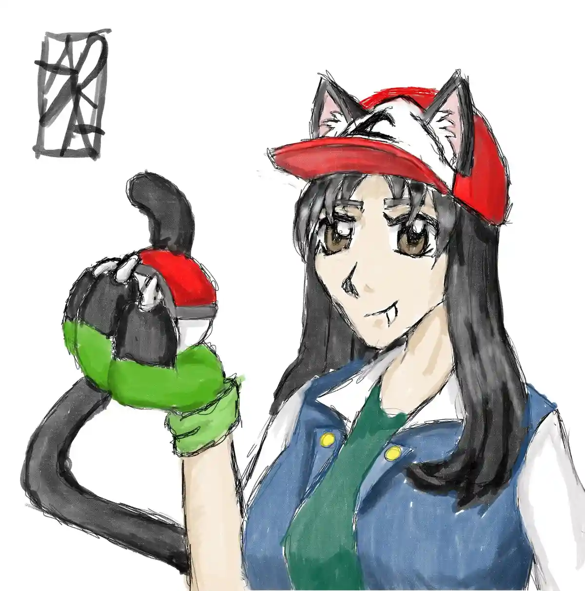 An anime-style drawing shows a girl with long black hair, cat ears, and a red-and-white cap holding a Poké Ball in a green…