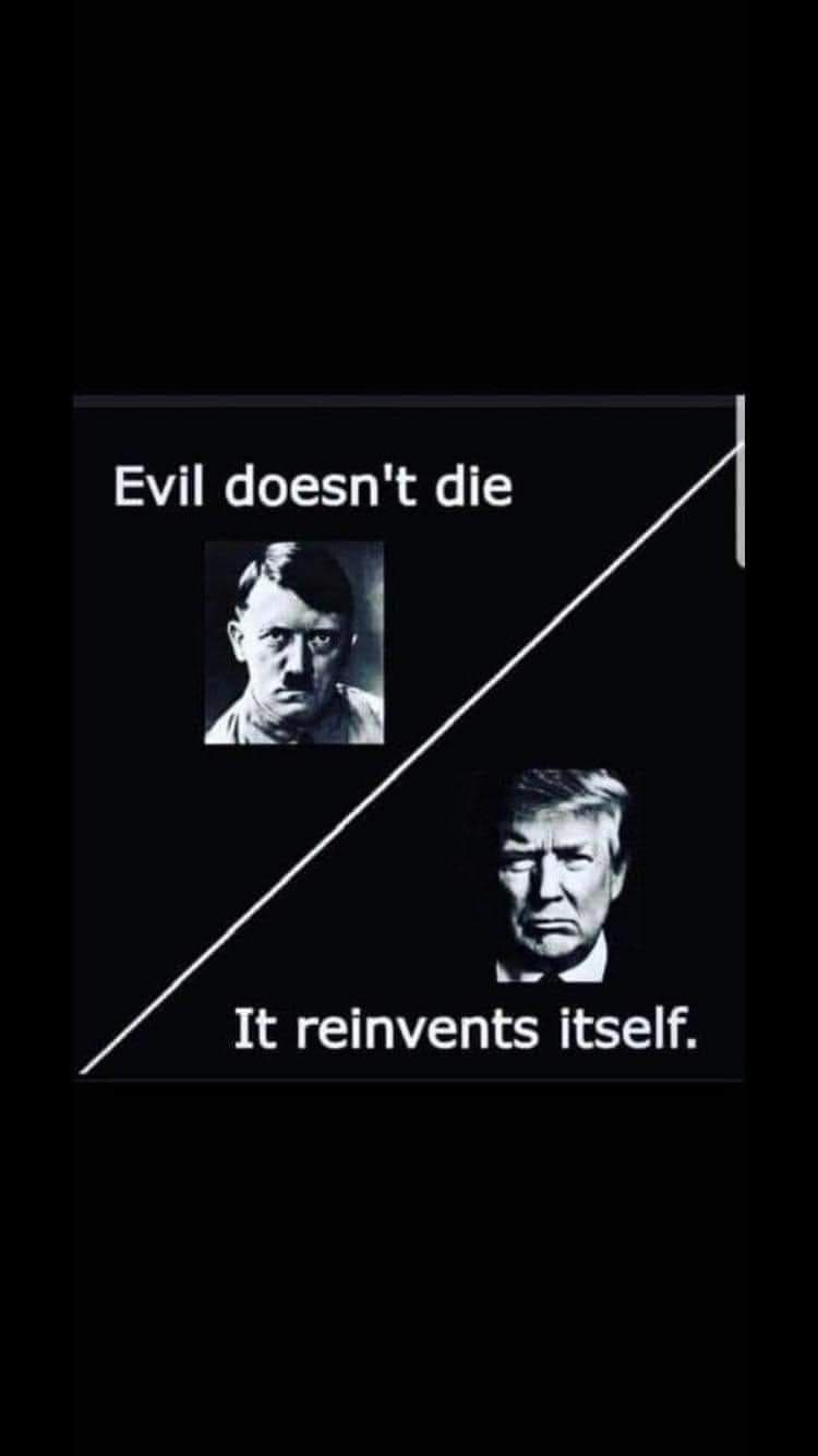 A black-and-white image split diagonally by a white line. The top half shows a photo of Adolf Hitler with the text 'Evil…