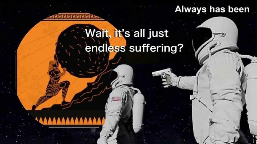 An astronaut in a spacesuit points a handgun at another astronaut, who is looking at a stylized orange illustration of…