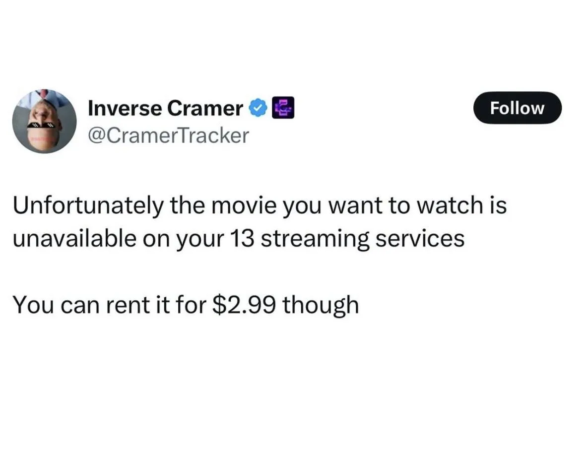 A screenshot of a tweet from 'Inverse Cramer' (@CramerTracker) with a profile picture of a man with his mouth covered by a…
