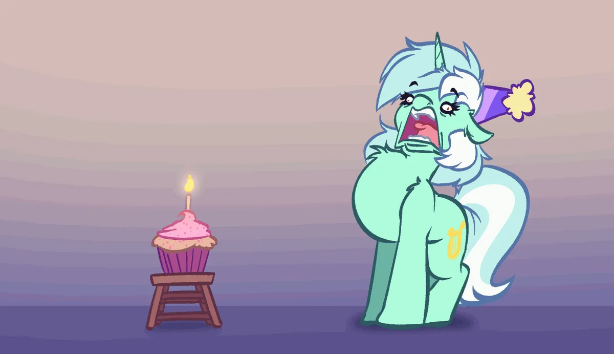 A light blue pony wearing a party hat stands before a cupcake with a single candle. In a sequence of panels, the pony…