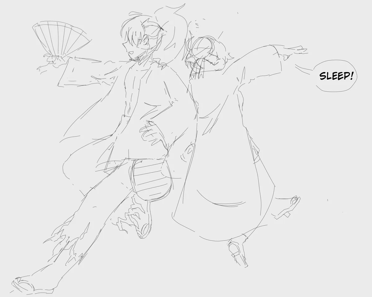 A rough black-and-white line drawing shows two anime-style characters in dynamic, martial arts-like poses. The character on…