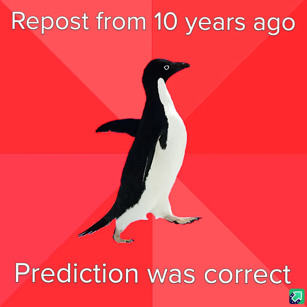 A black-and-white penguin walks against a red background with diagonal shading. White text at the top reads 'Repost from 10…