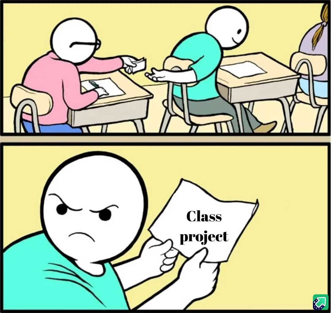 Top panel shows two stick figures in a classroom; one in pink hands a folded paper to another in teal who is leaning forward…