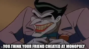 A six-panel comic strip from Batman: The Animated Series showing escalating reactions to suspected Monopoly cheating. Panel…