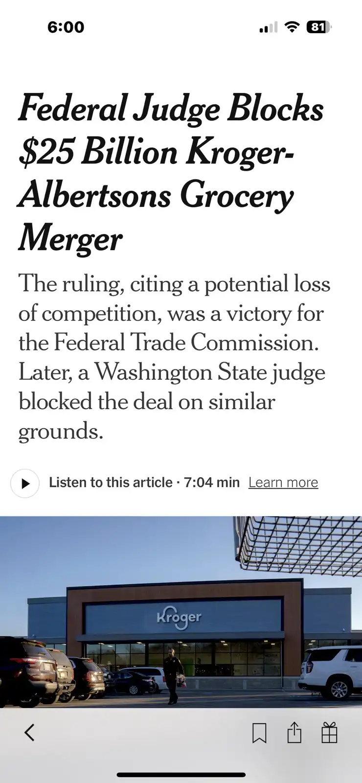 A screenshot of a news article headline about a federal judge blocking a $25 billion grocery merger between Kroger and…