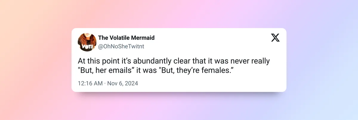 A screenshot of an X (formerly Twitter) post by 'The Volatile Mermaid' (@OhNoSheTwitnt) from November 6, 2024, at 12:16 AM…
