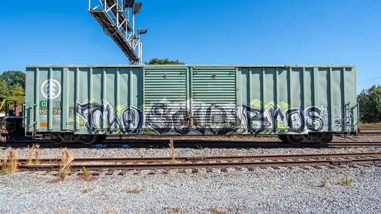 A green freight train car sits on railway tracks under a clear blue sky, covered in large, stylized graffiti that reads 'TWO…