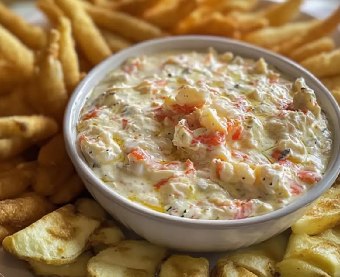 A white bowl filled with creamy crab dip, featuring visible chunks of crab meat and red seasoning, is surrounded by…