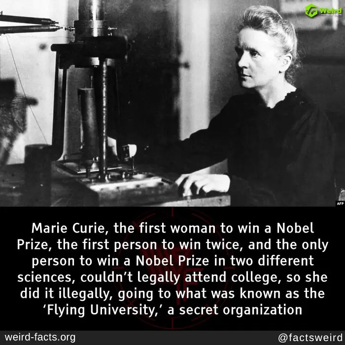A black-and-white historical photo shows Marie Curie seated at a scientific apparatus, looking toward the viewer. Overlaid…
