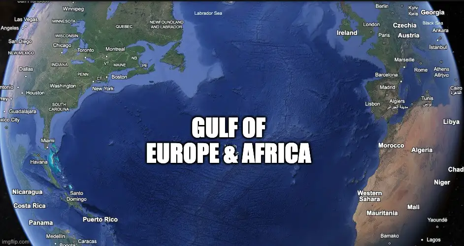 A world map showing the Atlantic Ocean between North America and Europe/Africa, with large white text overlaid that reads…