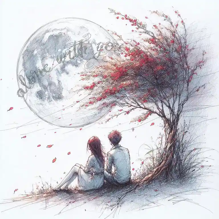 A romantic illustration shows a man and woman sitting side by side under a large, detailed moon, with a flowering tree…