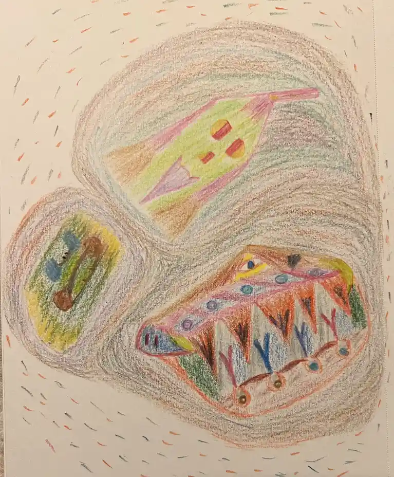 A child's crayon drawing shows three colorful, abstract, swirling shapes resembling spaceships or alien objects against a…
