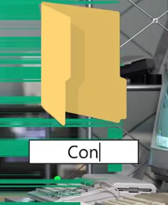 A yellow cartoon folder is superimposed over a blurry image of a retro computer setup with a keyboard and monitor. Below the…