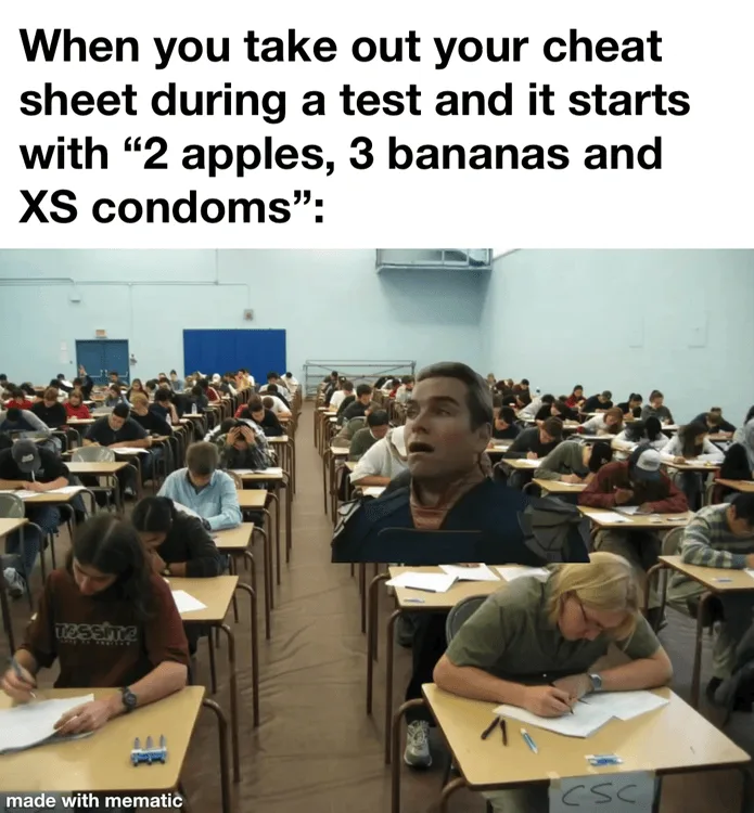 Six panels show a classroom scene with students taking a test. In each panel, a man's face is superimposed over the student…