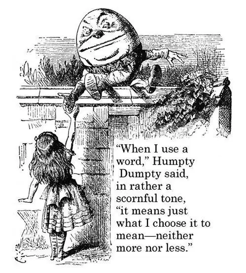 A black-and-white illustration shows Humpty Dumpty, a large egg-shaped figure with a smug expression, perched atop a stone…
