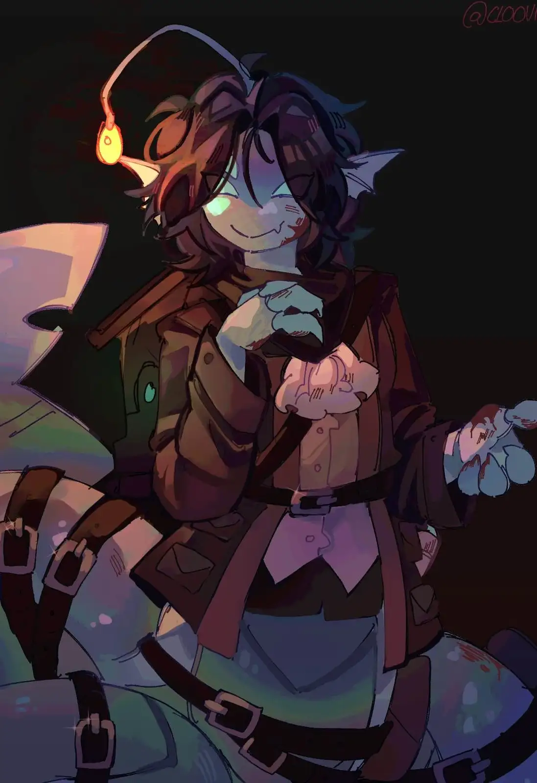 An anime-style character with dark hair, glowing eyes, and a headlamp smiles while holding a small object, wearing a brown…