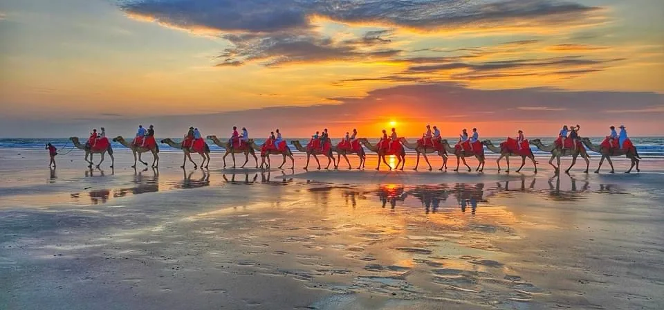 A long line of camels with riders walks across a wet beach at sunset, their reflections visible in the sand. The sky is…