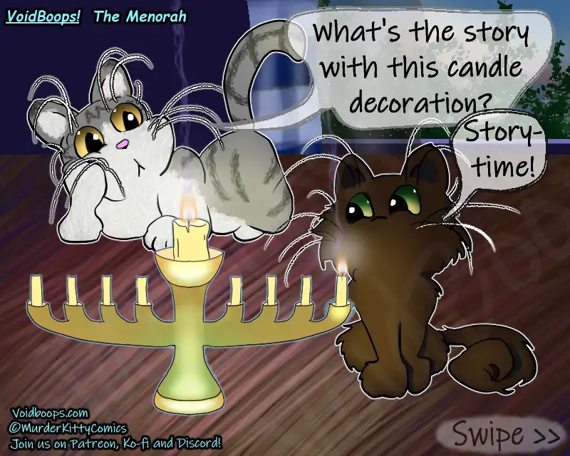 Two cartoon cats sit beside a lit menorah; a grey cat asks what the candle decoration is, and a brown cat enthusiastically…