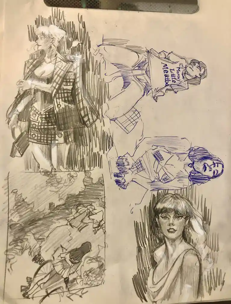 A sketchbook page with multiple pencil and blue ink drawings of a woman in various poses and outfits, including one where…