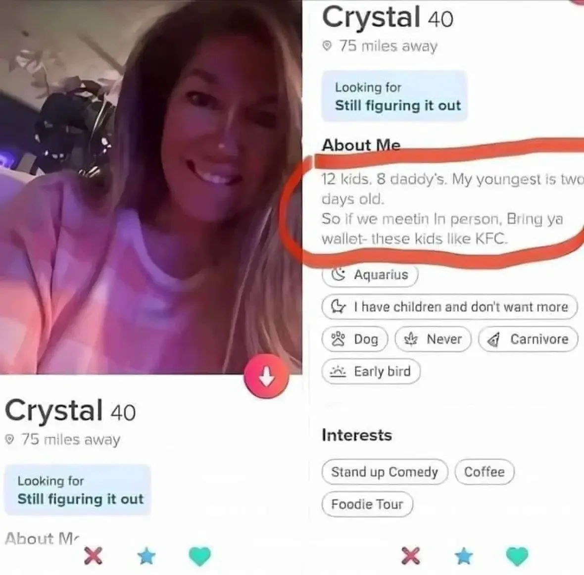 A screenshot of a dating app profile for 'Crystal 40' shows her 'About Me' section highlighted in red, which reads: '12…