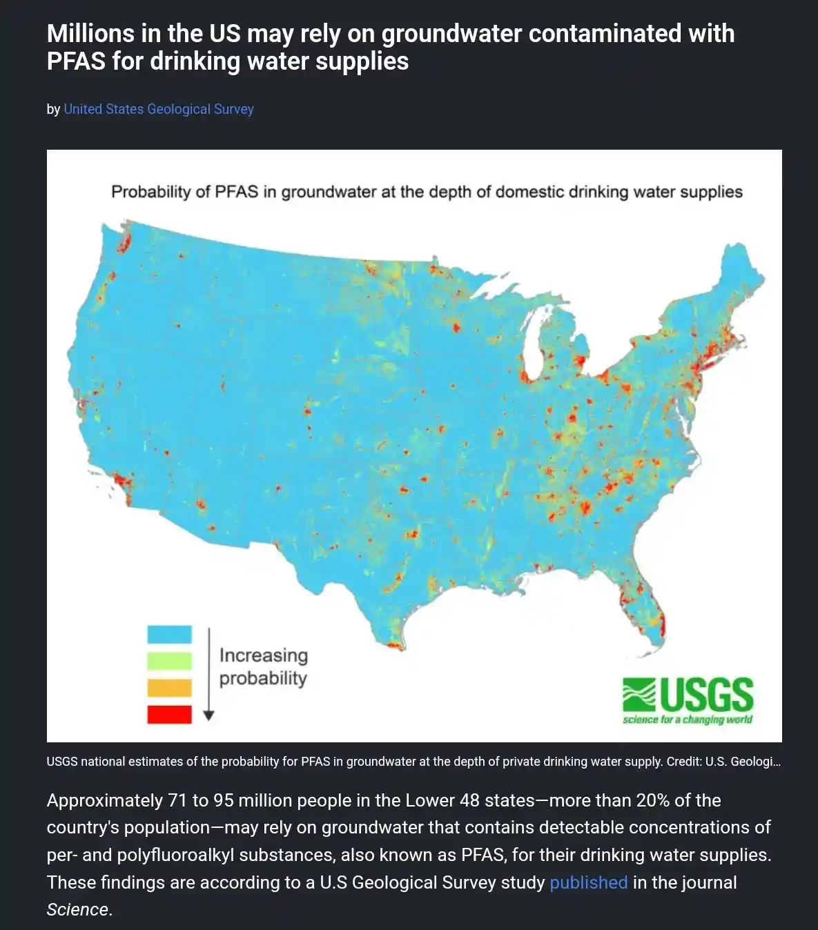 A US Geological Survey map shows the probability of PFAS contamination in groundwater across the United States, using a…