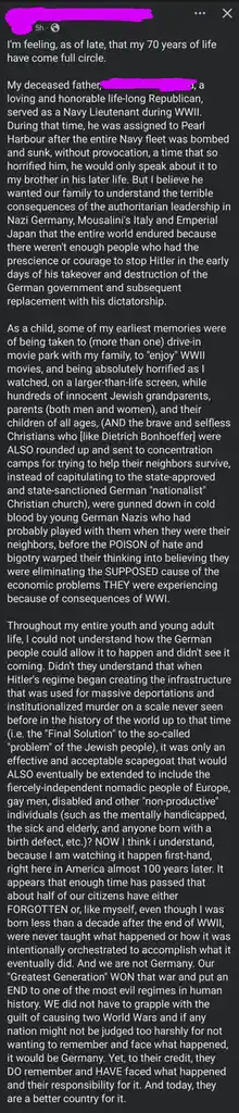 A screenshot of a long-form social media post with white text on a dark background, detailing a personal reflection on…