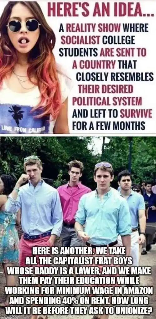 The image is split into two panels. The top panel shows a woman with sunglasses and a 'Love From California' shirt, with…