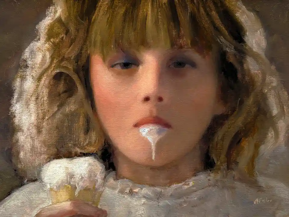 A classical oil painting depicts a young girl with blonde hair and a white dress holding an ice cream cone, with a white…