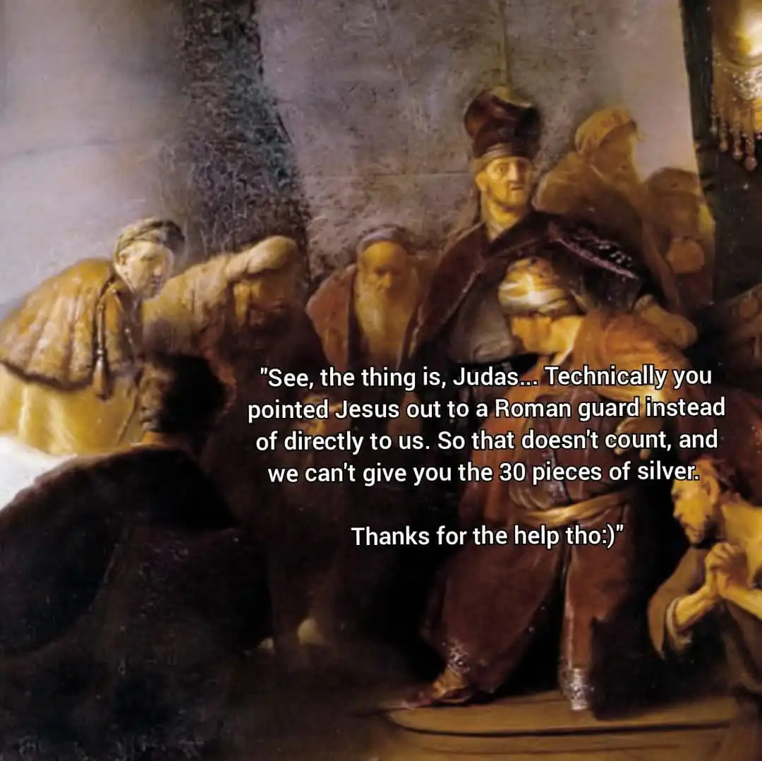 A classical painting depicts a tense biblical scene with several robed men, one kneeling and another standing prominently…