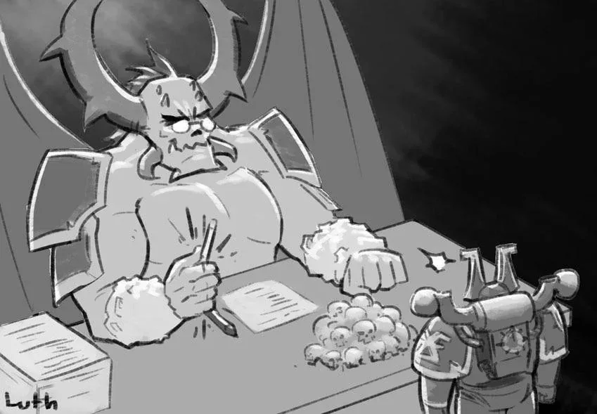 A large, angry, horned monster with glasses sits at a desk, angrily scribbling on a document with a pen. In front of him is…