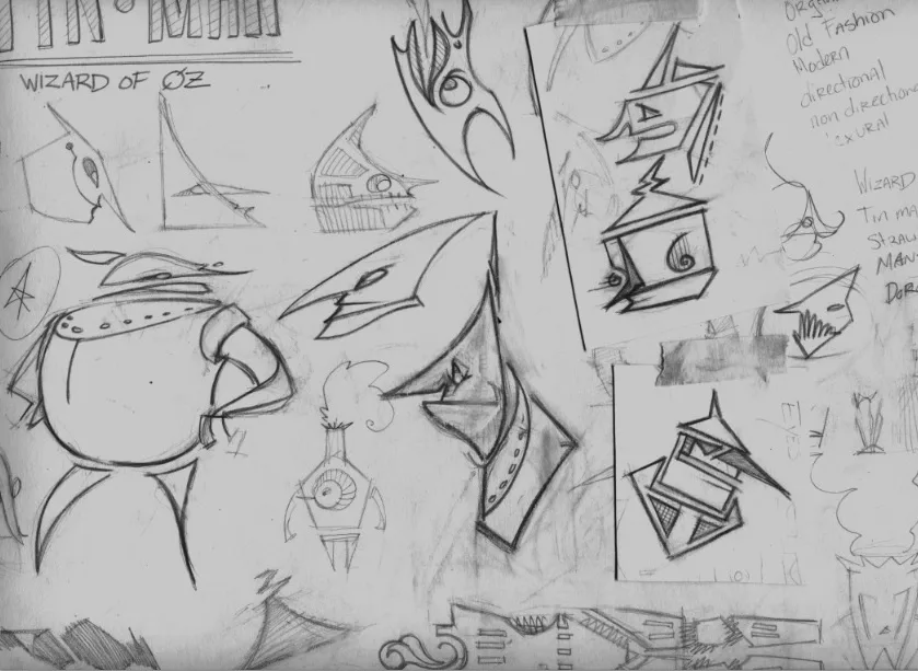 A black-and-white sketch page filled with various abstract and angular character designs, some resembling robots or stylized…