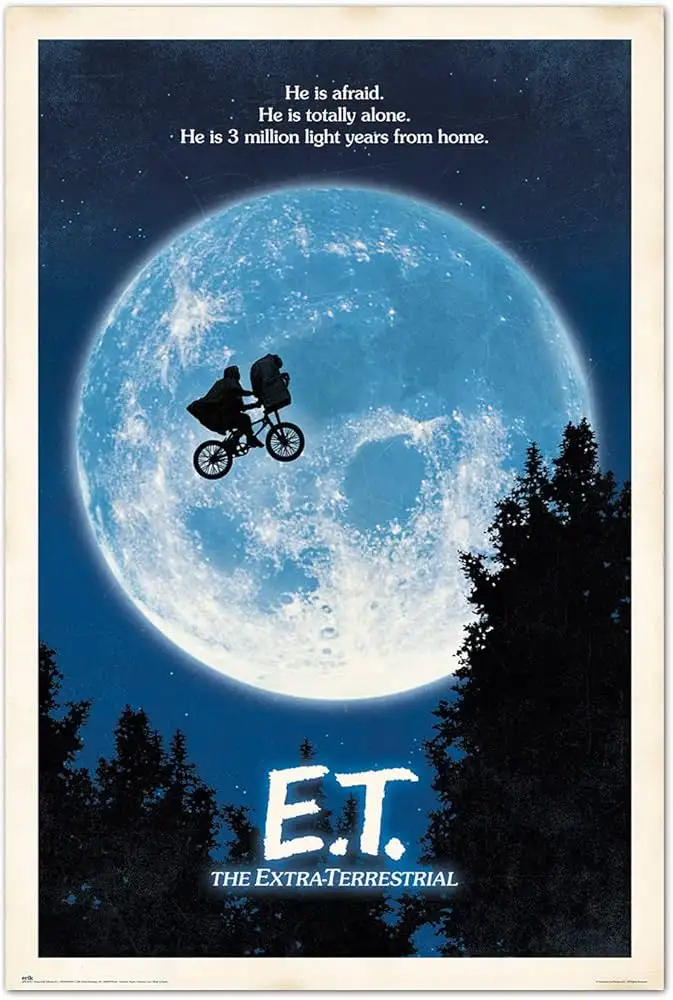 The image is the iconic movie poster for 'E.T. The Extra-Terrestrial,' showing two children riding a bicycle with a large…
