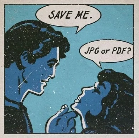 A vintage comic-style illustration shows two people facing each other in a dramatic pose. The person on the left, with dark…
