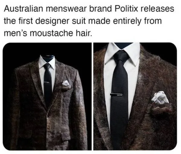 The image displays a suit made from what appears to be moustache hair, shown in two panels: a full view of the suit on a…