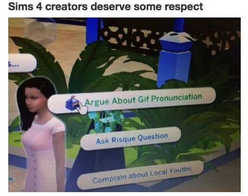 A screenshot from The Sims 4 video game shows a female Sim character standing next to a menu with three selectable options…