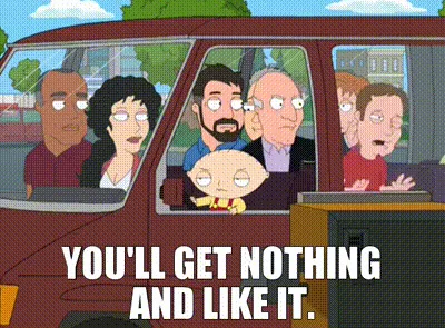 The image shows six panels of the Griffin family in their red minivan, all looking shocked or alarmed. The text 'YOU'LL GET…
