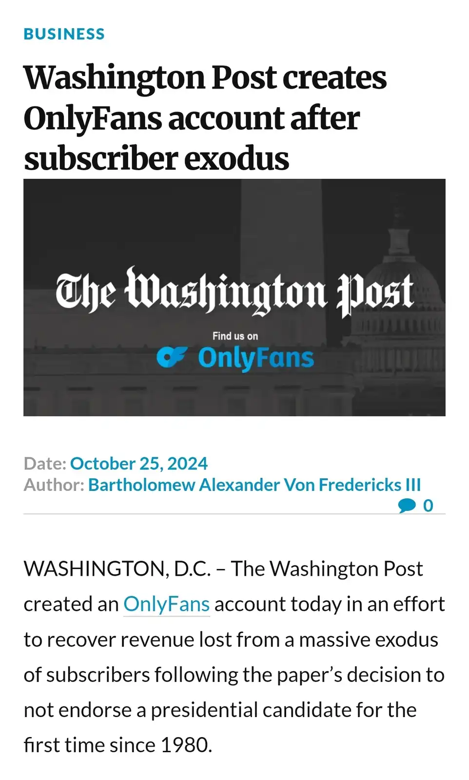 A mock news article with a 'BUSINESS' header, titled 'Washington Post creates OnlyFans account after subscriber exodus,'…