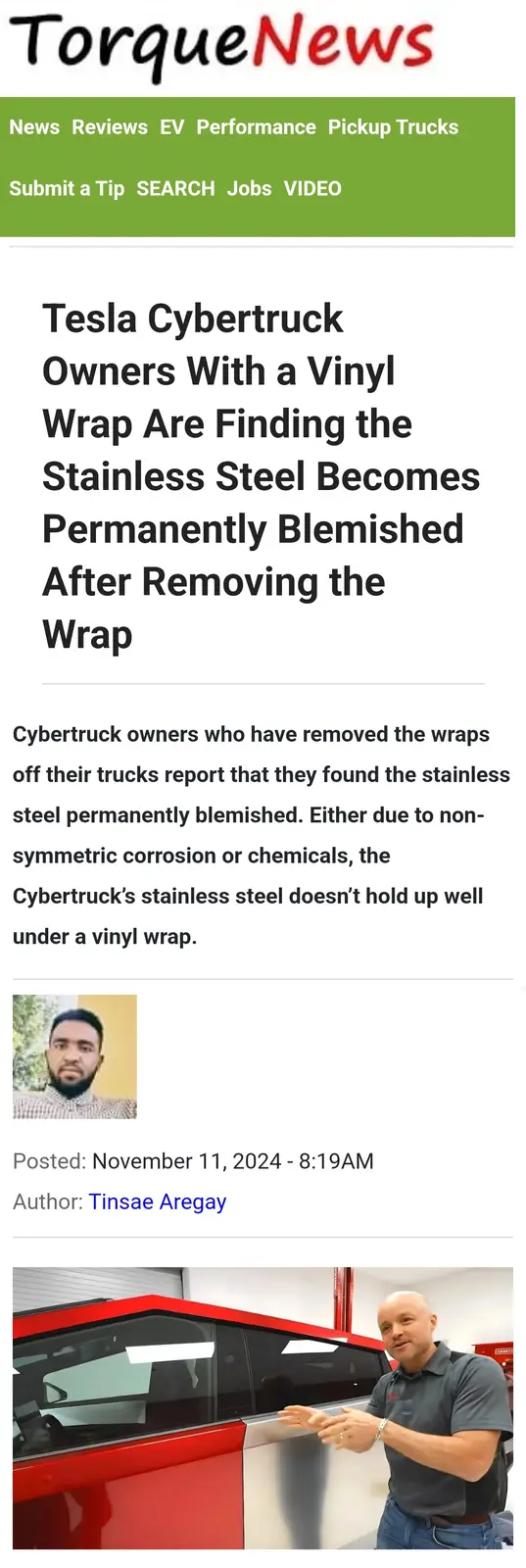 The image displays a screenshot of a TorqueNews article about Tesla Cybertruck owners discovering permanent blemishes on the…