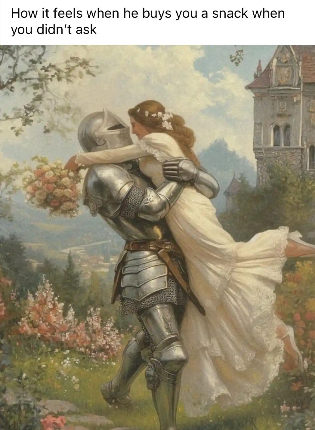 A romantic painting depicts a knight in full silver armor carrying a woman in a flowing white dress through a garden with…