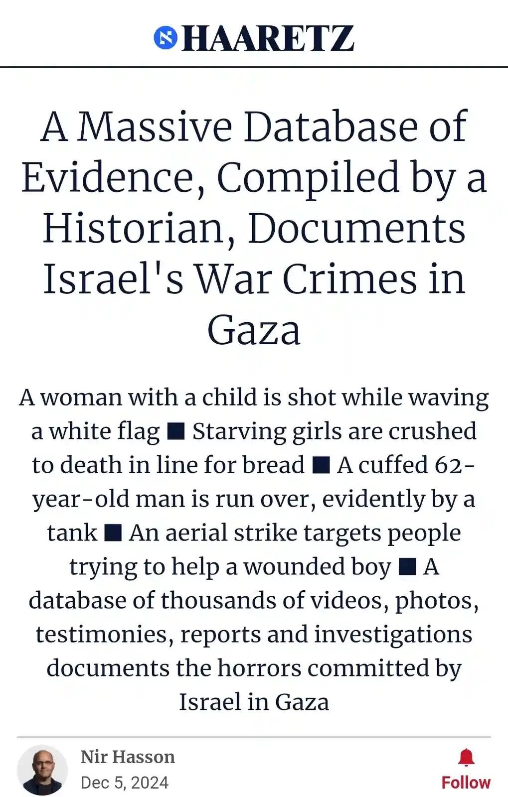 The image displays a screenshot of a Haaretz news article with the headline 'A Massive Database of Evidence, Compiled by a…