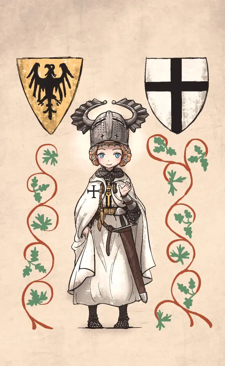 A chibi-style illustration of a young person in medieval knight armor and a white robe, standing between two heraldic…