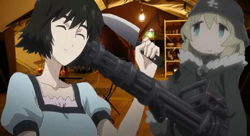 An anime girl with short black hair smiles contentedly as another anime girl in a military-style hat holds a large, black…