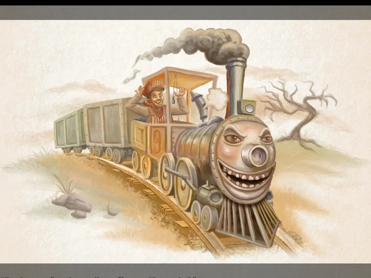 A cartoon illustration shows a smiling steam locomotive with a human-like face and a cheerful conductor waving from the cab…